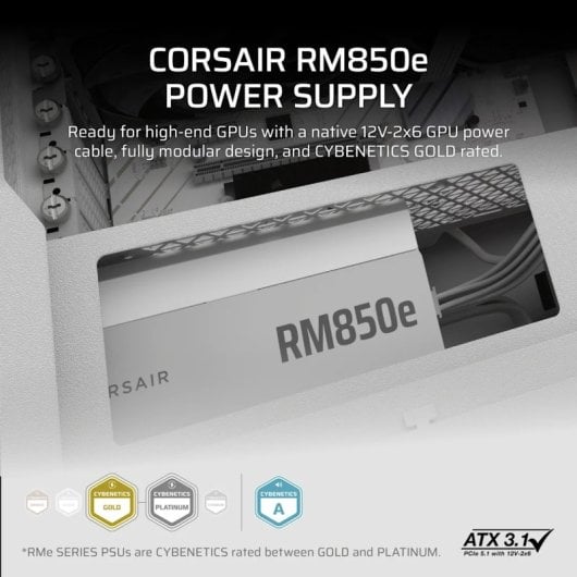 Corsair RMe Series RM850e ATX 3.1 PCIe 5.1 850W Cybenetics 80 Plus Gold Modulare Bianco