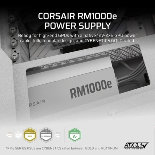Corsair RMe Series RM1000e ATX 3.1 PCIe 5.1 1000W Cybenetics 80 Plus Gold Modular Branca
