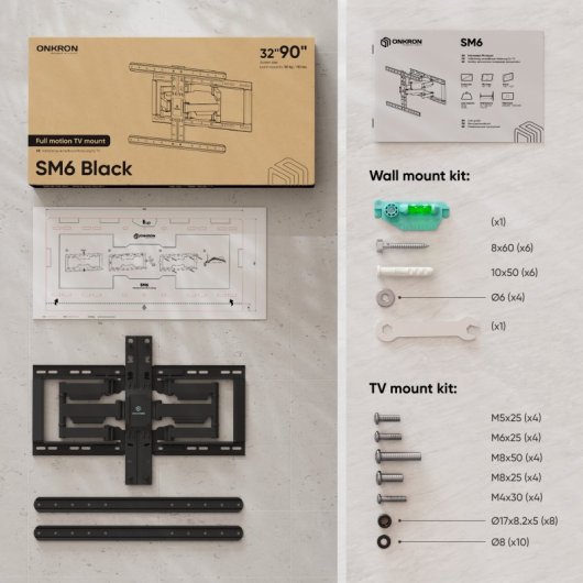 Supporto da parete per TV Onkron SM6-B per TV da 32" a 90" fino a 50 Kg max. VESA 600x400 Nero