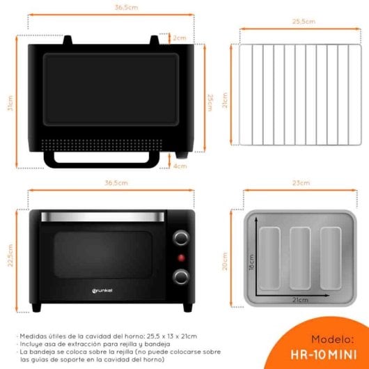 Grunkel HR-10MINI Minihorno Eléctrico Multifunción De  Sobremesa 10L 1600W Negro