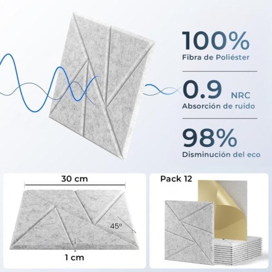 Yoevu Pack 12 Painéis Acústicos Retangulares com Design Geométrico 30x30x1cm Cinzentos