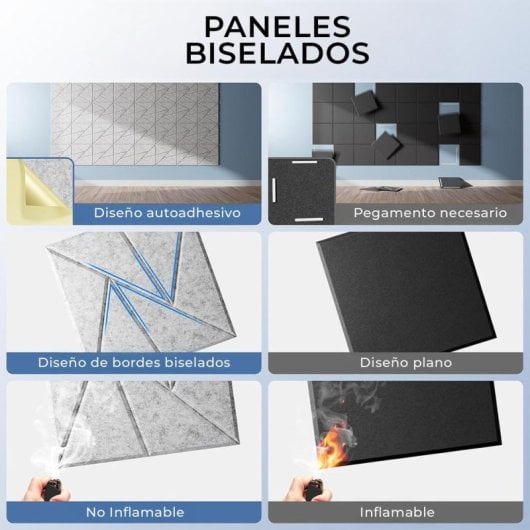 Yoevu Pack 12 Painéis Acústicos Retangulares com Design Geométrico 30x30x1cm Cinzentos