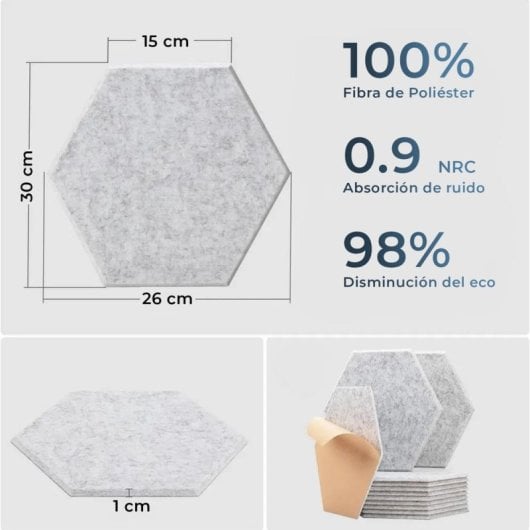 Yoevu Pack 12 Painéis Acústicos Hexagonais Adesivos para Insonorização 30x26x1cm Cinzentos