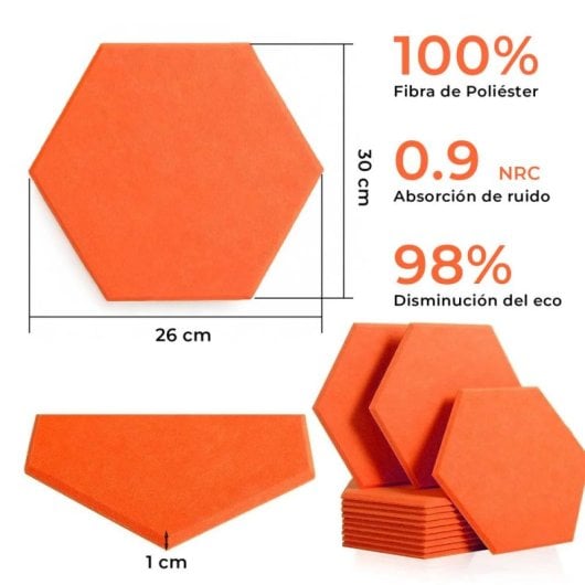 Yoevu Pack 12 Paneles Acústicos Hexagonales Autoadhesivos De Insonorización 30x26x1cm Naranja