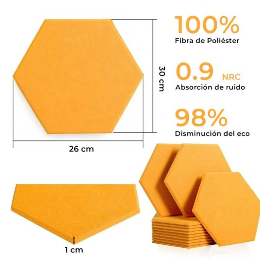 Yoevu Pack 12 Paneles Acústicos Hexagonales Autoadhesivos De Insonorización 30x26x1cm Amarillo