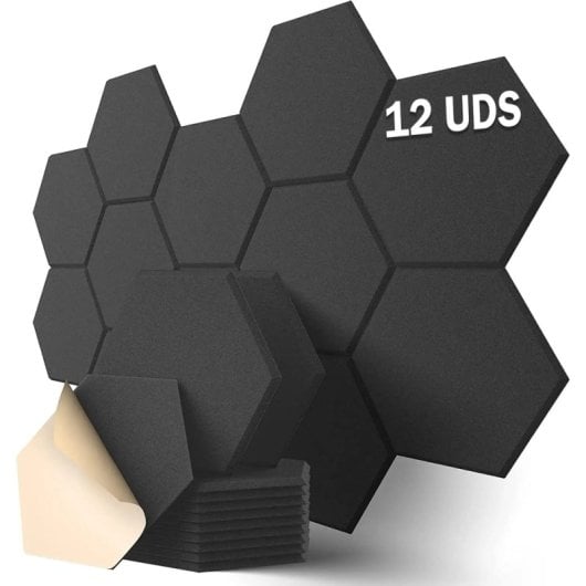 Yoevu Pack 12 Paneles Acústicos Hexagonales Autoadhesivos De Insonorización 30x26x1cm Negro