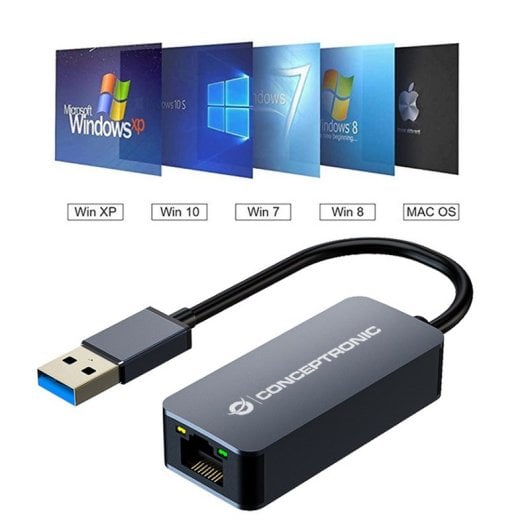 Conceptronic Adaptador de Red USB 3.2 Gen 1 a RJ-45 2.5GbE Wake-on-LAN Gris