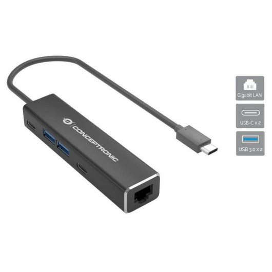 Conceptronic Adaptador de Red USB-C a Gigabit con Hub USB de 2x Puertos USB-A + 2x Puertos USB-C Gris