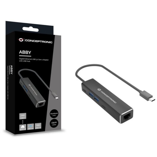Conceptronic Adaptador de Red USB-C a Gigabit con Hub USB de 2x Puertos USB-A + 2x Puertos USB-C Gris