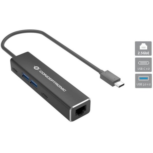 Conceptronic Adaptador de Red USB-C a 2.5GbE con Hub USB de 2x Puertos USB-A + 2x Puertos USB-C Gris
