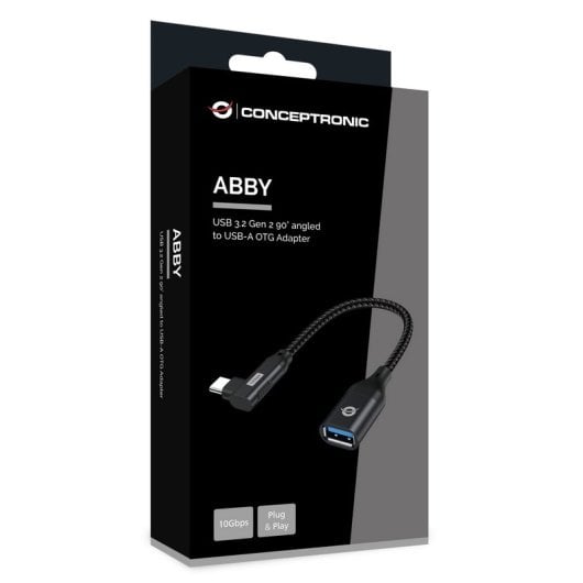 Conceptronic ABBY19B Ataptador OTG USB-C en Ángulo de 90º a USB 3.2 Gen 2 10Gbps Negro
