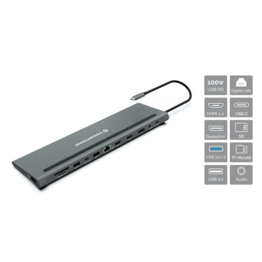 Conceptronic DONN17G Docking 12 En 1 USB-C Para 100W USB PD/ Gigabit LAN/ 2xHDMI/ USB-C/DisplayPort SD/ 2xUSB 3.0/ TF y 