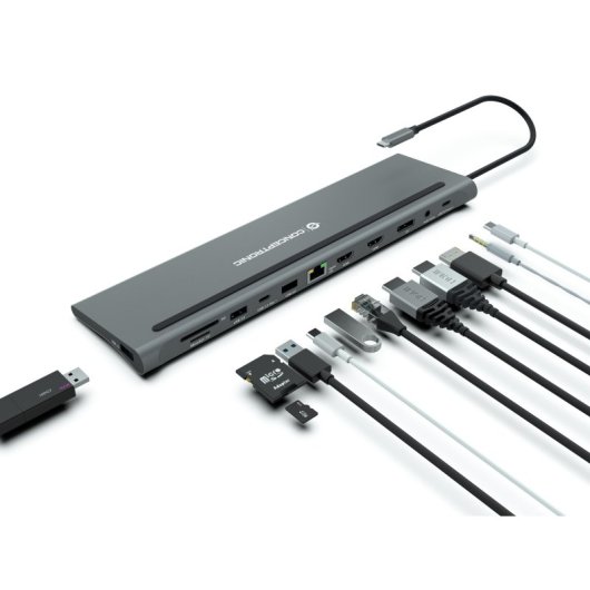 Conceptronic DONN17G Docking 12 En 1 USB-C Para 100W USB PD/ Gigabit LAN/ 2xHDMI/ USB-C/DisplayPort SD/ 2xUSB 3.0/ TF y 