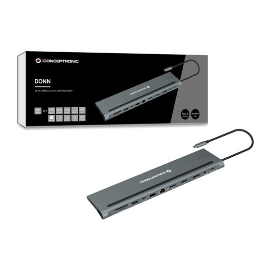 Conceptronic DONN17G Docking 12 En 1 USB-C Para 100W USB PD/ Gigabit LAN/ 2xHDMI/ USB-C/DisplayPort SD/ 2xUSB 3.0/ TF y 