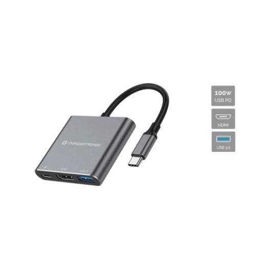 Conceptronic DONN18G HUB 3 En 1 USB-C Para HDMI, USB 3.0, 100W USB PD Gris