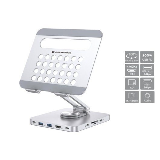 Conceptronic Soporte Docking 8 En 1 USB-C/100W USB PD/HDMI/SD/TF/MicroSD/Audio Base Giratoria 360° Inox