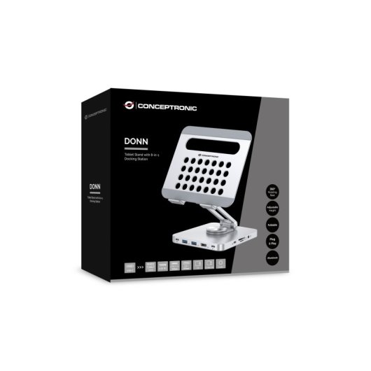 Conceptronic Soporte Docking 8 En 1 USB-C/100W USB PD/HDMI/SD/TF/MicroSD/Audio Base Giratoria 360° Inox