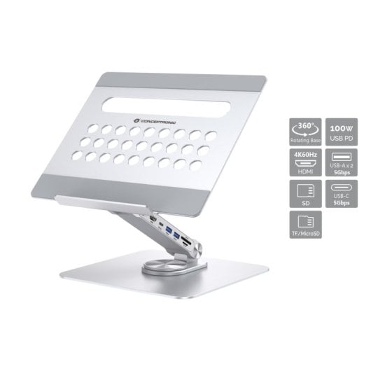 Conceptronic Soporte Portátil Docking USB-C 7 En 1 100W USD PD/HDMI/USB-Ax2/SD/USB-C/TF/Micro SD Base Giratoria 360° Ino