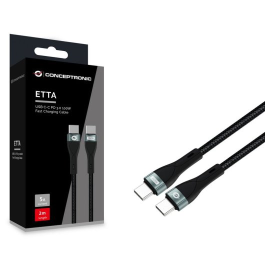 Conceptronic Cable de Carga Rápida USB-C PD 3.0 100W 20V/5A 480Mbps con Chipset E-Mark 2m Negro