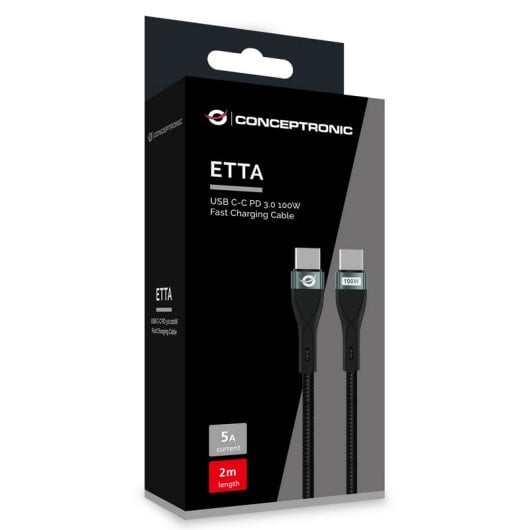 Conceptronic Cable de Carga Rápida USB-C PD 3.0 100W 20V/5A 480Mbps con Chipset E-Mark 2m Negro