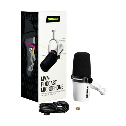 Microphone dynamique USB/XLR Shure MV7+ pour diffusion de podcasts, blanc