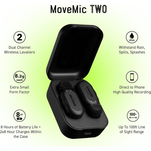 Shure MoveMic Two Micrófonos Inalámbricos Duales para Móvil y Cámara Negro