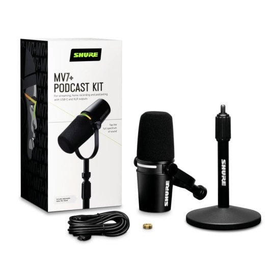 Microfono dinamico per podcast Shure MV7+ con supporto da tavolo XLR/USB (nero)