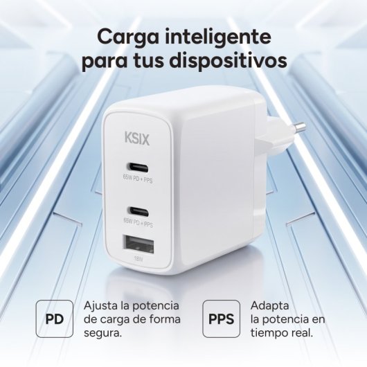 Ksix Carregador de Carga Rápida 2x USB-C + 1x USB-A 65W Branco