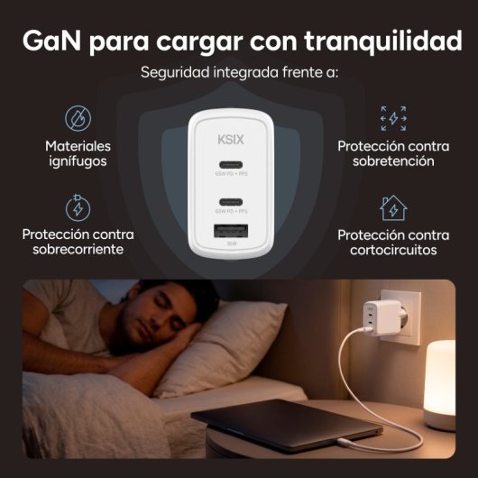 Ksix Carregador de Carga Rápida 2x USB-C + 1x USB-A 65W Branco