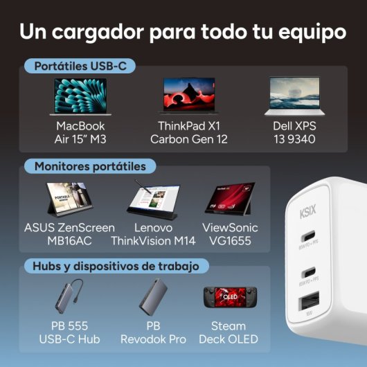 Ksix Carregador de Carga Rápida 2x USB-C + 1x USB-A 65W Branco