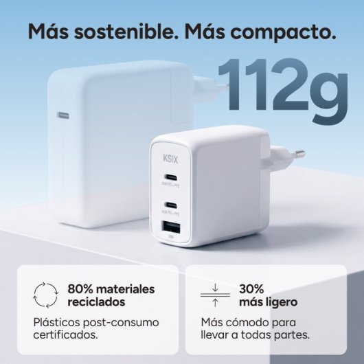 Ksix Carregador de Carga Rápida 2x USB-C + 1x USB-A 65W Branco