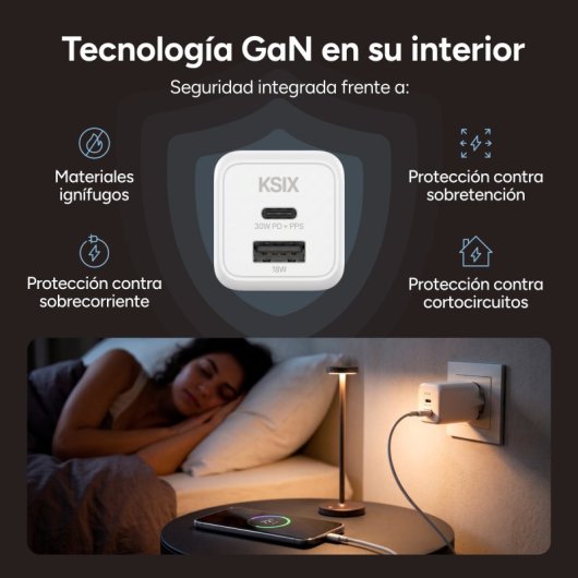 Caricabatterie rapido Ksix 1xUSB-C + 1xUSB 30W Bianco