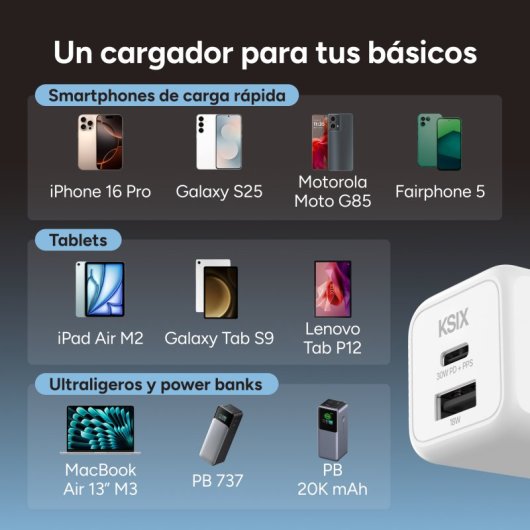 Caricabatterie rapido Ksix 1xUSB-C + 1xUSB 30W Bianco