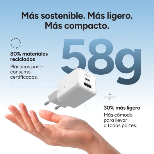 Caricabatterie rapido Ksix 1xUSB-C + 1xUSB 30W Bianco