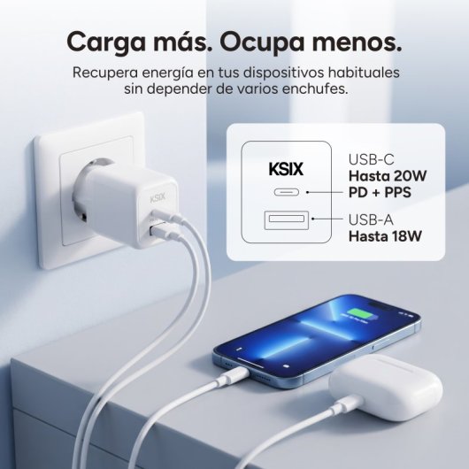 Ksix Carregador de Carga Rápida 1x USB-C + 1x USB-A 20W Branco