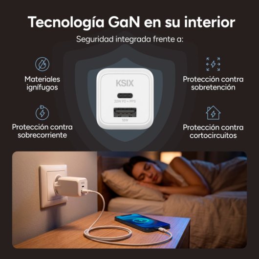 Ksix Carregador de Carga Rápida 1x USB-C + 1x USB-A 20W Branco