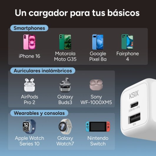 Ksix Carregador de Carga Rápida 1x USB-C + 1x USB-A 20W Branco
