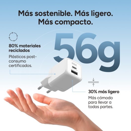 Ksix Carregador de Carga Rápida 1x USB-C + 1x USB-A 20W Branco