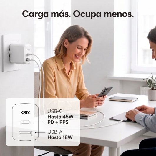 Caricabatterie rapido Ksix, multiporta 1xUSB-C + 1xUSB 45W Bianco