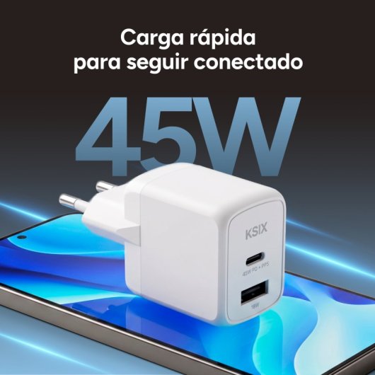 Caricabatterie rapido Ksix, multiporta 1xUSB-C + 1xUSB 45W Bianco