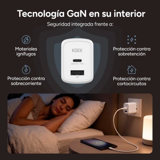 Caricabatterie rapido Ksix, multiporta 1xUSB-C + 1xUSB 45W Bianco