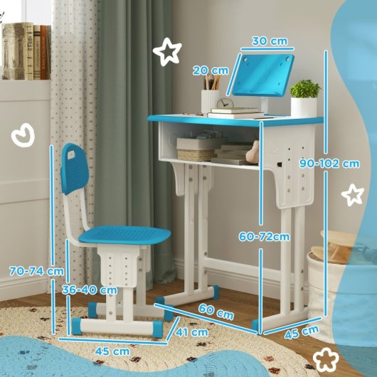 Homcom Juego de Escritorio y Silla para Niños Ajustable 60x45x90-102cm Azul