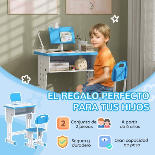 Homcom Juego de Escritorio y Silla para Niños Ajustable 60x45x90-102cm Azul