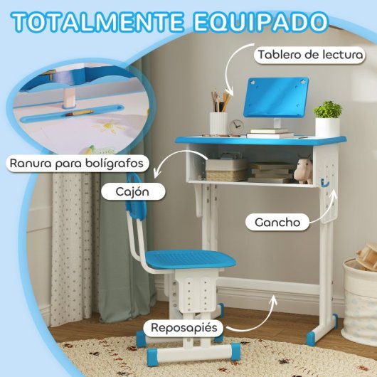 Homcom Juego de Escritorio y Silla para Niños Ajustable 60x45x90-102cm Azul