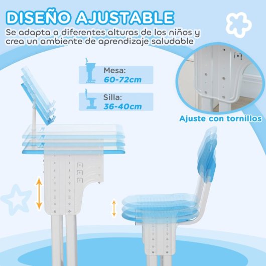 Homcom Juego de Escritorio y Silla para Niños Ajustable 60x45x90-102cm Azul
