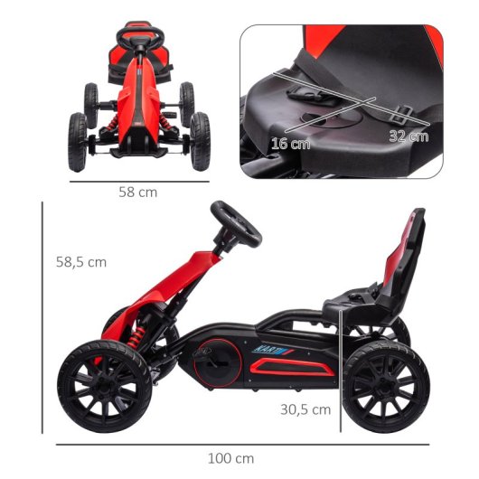 Homcom Kart Pedales Para Niños De 3-8 Años Con Asiento Ajustable Rojo