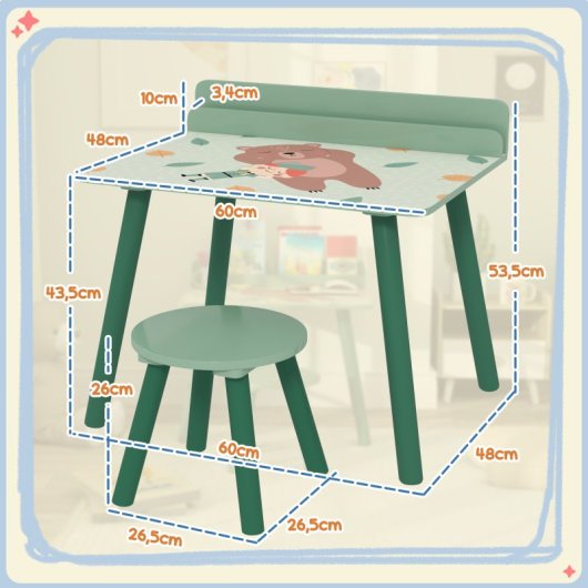 Aiyaplay Mesa Y Silla Infantiles De 2 Piezas Con Estante Para Libros Verde