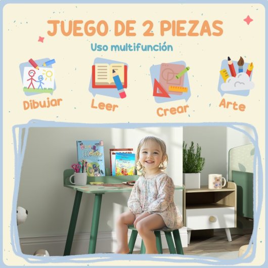 Aiyaplay Mesa Y Silla Infantiles De 2 Piezas Con Estante Para Libros Verde