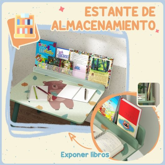 Aiyaplay Mesa Y Silla Infantiles De 2 Piezas Con Estante Para Libros Verde