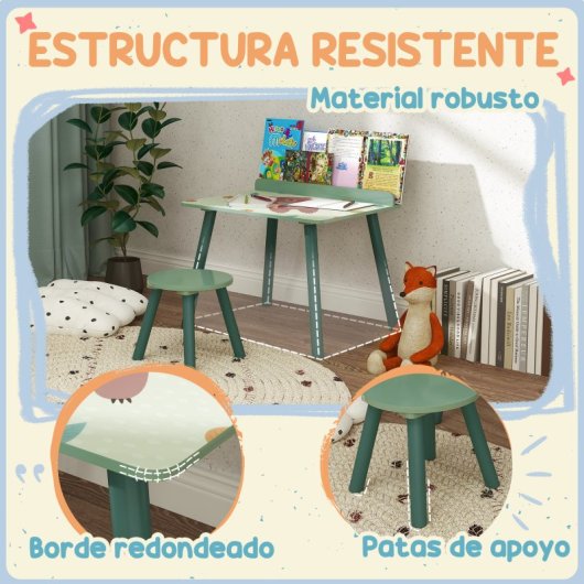 Aiyaplay Mesa Y Silla Infantiles De 2 Piezas Con Estante Para Libros Verde